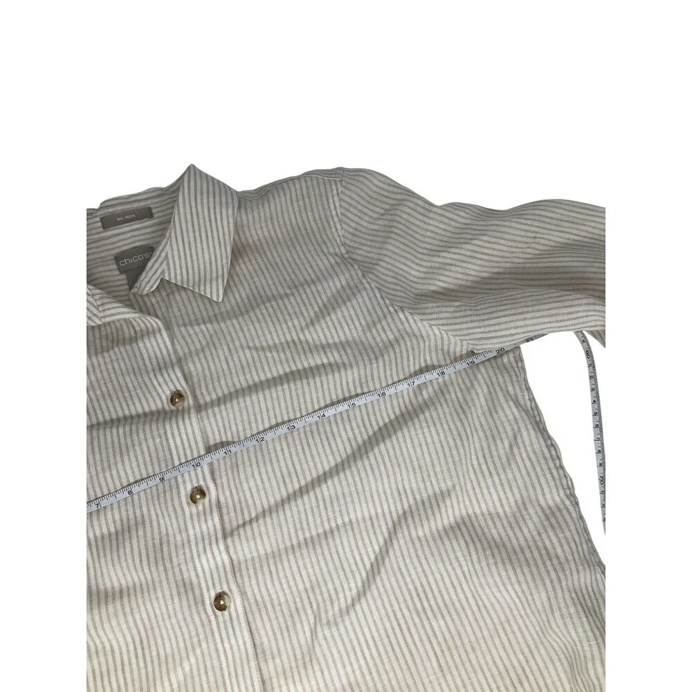 Chico’s no iron 100% linen roll tab button up top shirt size 0.5 S 6 tan striped - Picture 7 of 7